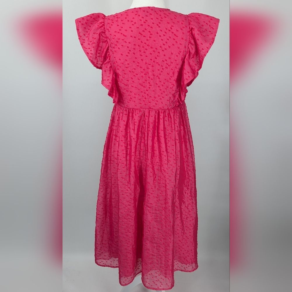 Chelsea28 Hot Pink Ruffle Cap Sleeve Deep V-Neck Organza Midi Dress Medium - Picture 4 of 8